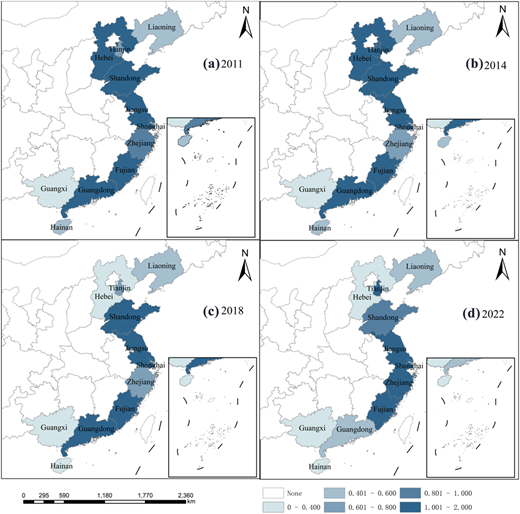 Four maps showing the spatial distribution of marine economic efficiency in China from 2011 to 2022.