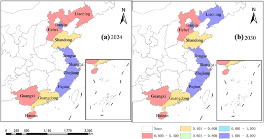 Two maps showing the spatial distribution of marine economic efficiency in China for the years 2024 and 2030.