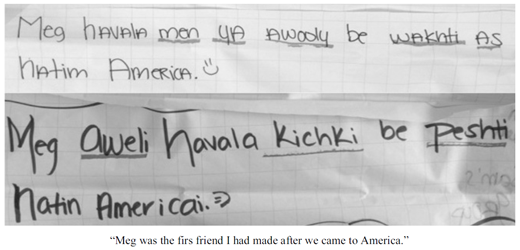 A 2 handwritten notes on lined paper. The top note reads, Meg havala men ya awody be wakhti as Natin America. The bottom note reads, Meg Qweli Havala Kichki be Peshti Natin Americai. Several words are underlined in both notes.