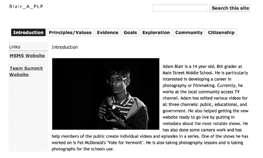 A webpage screenshot titled Blair underscore A underscore P L P displays a navigation menu, a sidebar with links, a photo of adam blair holding a camera, and a text introduction about his media work.
