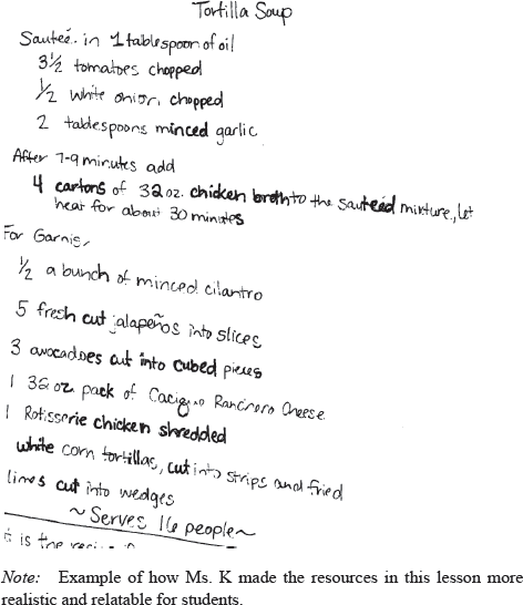 A handwritten recipe for tortilla soup includes steps for sautéing tomatoes, onion, and garlic, followed by adding chicken broth. Garnishes listed are cilantro, jalapeños, avocados, cheese, shredded chicken, fried tortilla strips, and lime wedges.