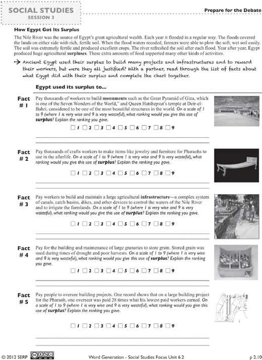 A printed worksheet titled How Egypt got its surplus includes a header, an introductory paragraph, and 5 sections marked fact 1 through fact 5, each with a related illustration and a question about surplus use.