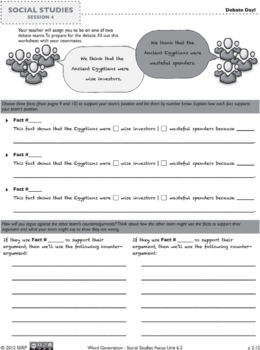 A printed worksheet titled Debate day includes a header, a speech bubble stating a teams position, 3 fact based prompts with checkboxes, and a counterargument section with blank lines for student responses.