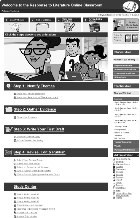 An image is a screenshot of an online classroom interface titled “Welcome to the Response to Literature Online Classroom”.