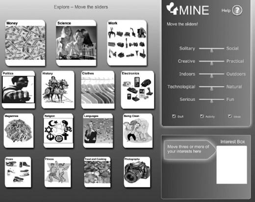 A grayscale screenshot of a software interface called MINE which uses interest categories and sliders for user input.