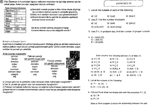 A page from a textbook containing various mathematics exercises involving sets, subsets, and word problems in both Turkish and English.