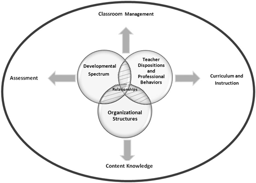 A diagram illustrating the interconnected components of Middle Level Practice, all contained within a large outer oval. At the core, three overlapping circles represent central concepts, with their intersection labeled "Relationships".