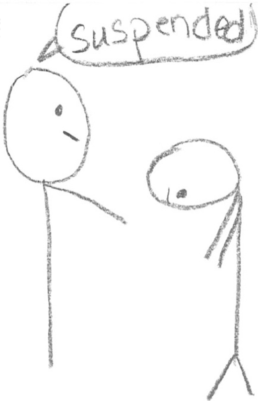 An illustration shows a stick figure pointing at a second stick figure with a speech bubble above the first figure containing the handwritten word suspended.