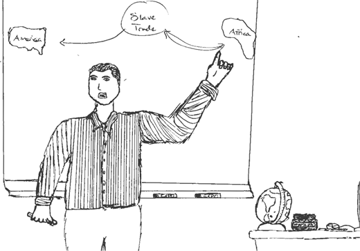 A person gestures toward a whiteboard diagram labeled slave trade, linking outlines of America and Africa, with a globe placed on a nearby desk.