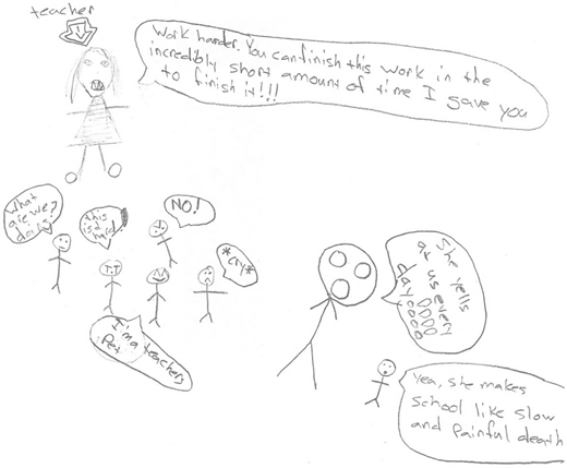 A sick figure teacher tells students to work harder while the students react with questions, struggles, refusal, crying, and complaints about yelling and school being painful.