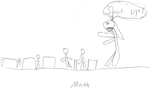 A simple line drawing depicts small stick people behind desk like rectangles in a row, while a larger stick person with an open mouth points at them with a speech bubble saying shut up. The word math is written below.