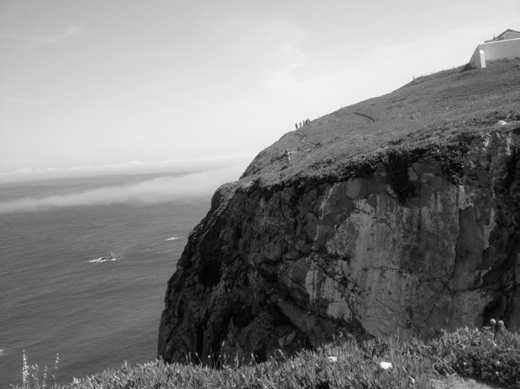 A coastal cliffside with a steep rock face descends into the ocean. At the top, people walk near a small white structure. The ocean is calm with scattered rocks, and the sky is mostly clear. Foreground vegetation adds texture to the scene.