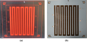 Two panels show a serpentine heater pattern design in panel a and its fabricated form with registration marks and input-output holes in panel b.