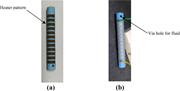 Two panels show the fabricated device, with panel a identifying the LTCC tube with integrated heater pattern before firing and panel b identifying the LTCC tube with integrated heater pattern after firing with a via hole for fluid.