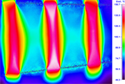 A thermogram shows 3 elongated heated regions with temperatures ranging from 44.3 to 150.7 degrees Celsius.