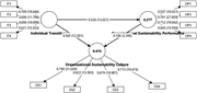 A structural model diagram illustrating relationships between individual transiti, organizational sustainability culture, and organizational sustainability performance.