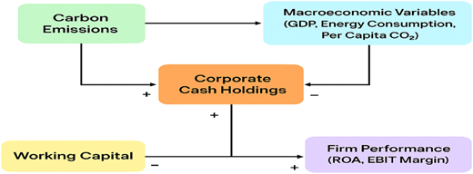 A flowchart illustrating the relationships between carbon emissions, macroeconomic variables, corporate cash holdings, working capital, and firm performance.