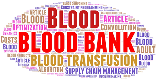 A word cloud with various terms related to the blood supply chain.