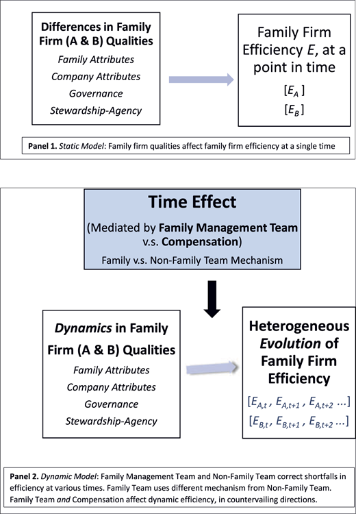 A model shows static and dynamic panels linking family firm qualities to efficiency over time.