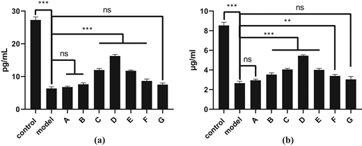 Two bar graphs compare concentration levels in control, model, and samples A to G, with axes labelled in picograms and micrograms per millilitre and significance marked by asterisks and n s.