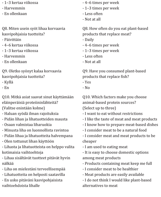 A continuation of a bilingual Finnish and English questionnaire presents response options for Question 7 and Questions 8 to 10 about protein choices.