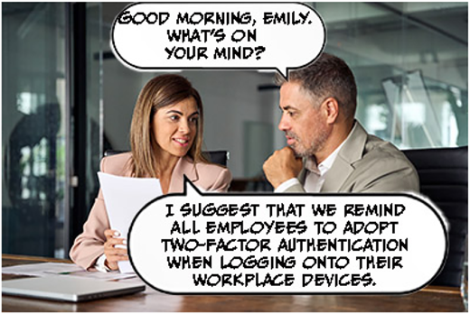 A cartoon of a man and a woman discussing two-factor authentication in an office setting.
