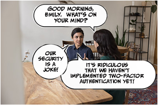 A cartoon of two people discussing security issues in an office setting.