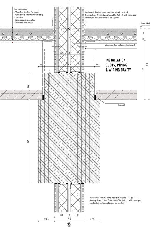 A diagram shows a floor and partition wall construction section with an installation cavity and detailed dimensions.