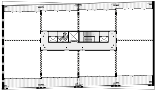 A diagram shows a rectangular floor plan with a central core of stairs and lifts surrounded by open bays.