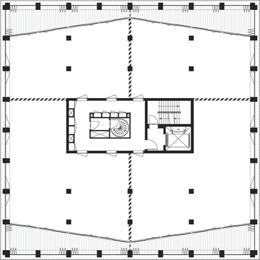 A diagram shows a square floor plan with a central stair and lift core surrounded by open structural bays.