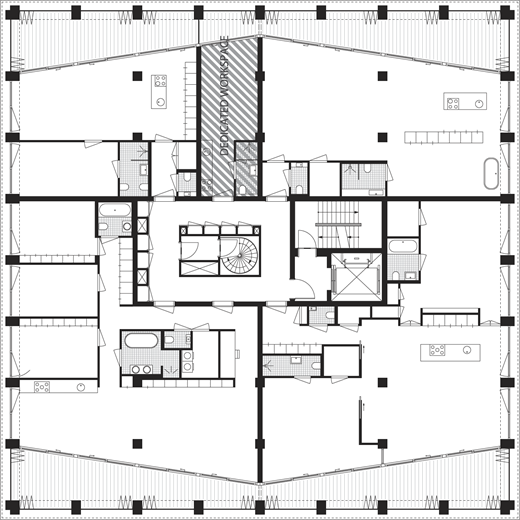 A diagram shows a residential floor plan with a central stair and lift core and a labeled dedicated workspace.