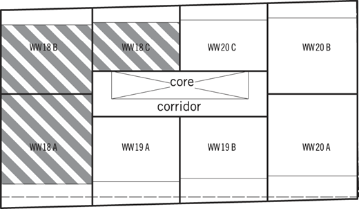 A diagram shows a simplified floor layout with labeled units around a central core and corridor.
