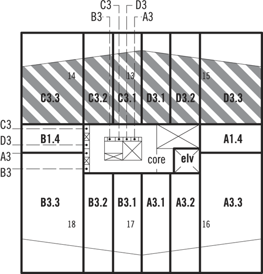 A diagram shows a labeled floor layout with numbered zones arranged around a central core and elevator.