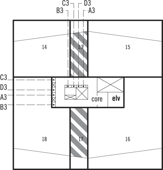 A diagram shows a simplified floor layout with numbered zones and a central core and elevator.