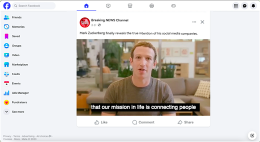 A screenshot shows a Facebook news feed post from a Breaking NEWS Channel that features Mark Zuckerberg.