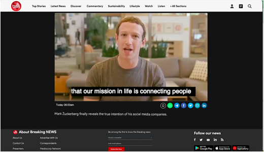 A screenshot shows a news website page from a Breaking NEWS outlet that features a video of Mark Zuckerberg.