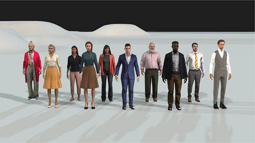 Ten digitally rendered adult human figures stand in a straight row, facing forward, wearing varied everyday and formal clothing, with differing body builds, hairstyles, and age appearances.