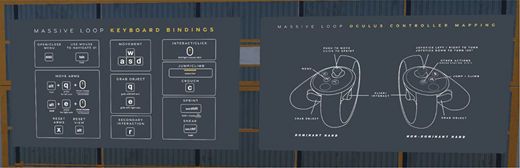 Two instructional panels present keyboard bindings and virtual reality controller mappings for Massive Loop, with labelled keys, buttons, and actions for movement, interaction, menu access, and object control.