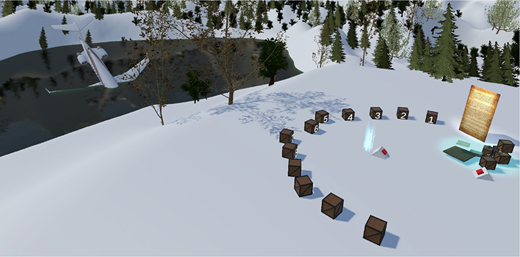 A virtual outdoor scene includes a curved line of numbered crates, a small glowing object, flat panels, and an aircraft tilted near a water body within a snowy landscape.