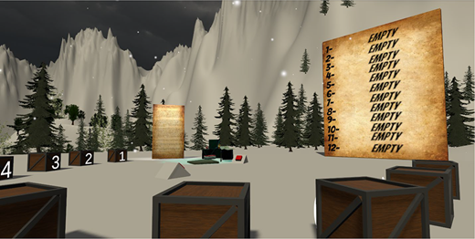 A virtual outdoor scene contains numbered crates and large upright panels with text listing positions one to twelve as empty, set within a snowy landscape.