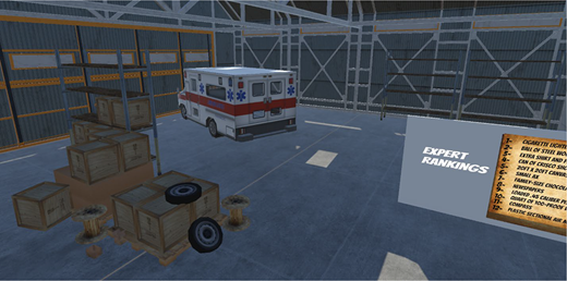 An indoor warehouse scene contains an ambulance, stacked crates, loose wheels, shelving units, and a large panel titled expert rankings beside a numbered text list.