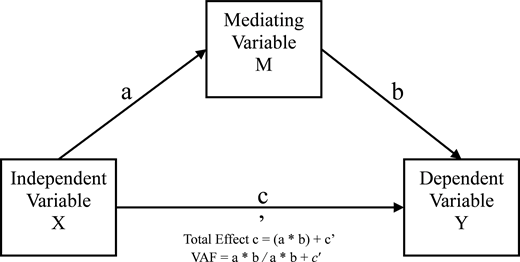 A mediation model diagram illustrates relationships among independent, mediating, and dependent variables, showing paths a, b, and c and the calculation of total and indirect effects.