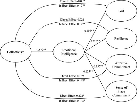 Path diagram showing relationships among collectivism, emotional intelligence, grit, resilience, and commitment measures.