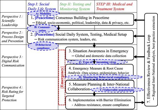 A flow diagram showing four perspectives across three steps with linked processes, emergency paths, and feedback loops.