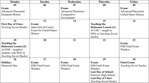 A table outlining a logistical planning calendar for May 2025, detailing exams, teaching schedules, and holidays.