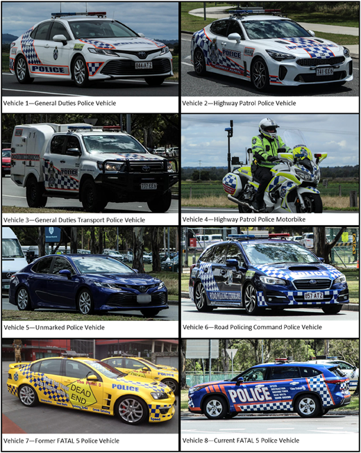 A collage of eight different Queensland police service vehicles, each with distinct markings and purposes.