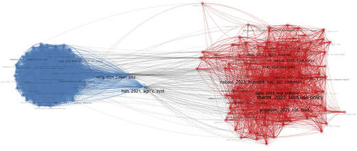 A scatter plot visualizing a co-authorship network with two distinct clusters of data points connected by lines.