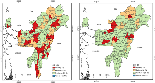 A map showing the performance of North Eastern Region states in India on Sustainable Development Goals for 2021-22 and 2023-24.