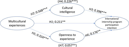 A path model links multicultural experiences to international internship participation intention directly and through cultural intelligence and openness to experience.