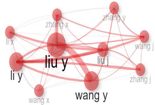 A co-authorship network highlights key researchers, with larger nodes and thicker links indicating stronger collaboration around central authors.